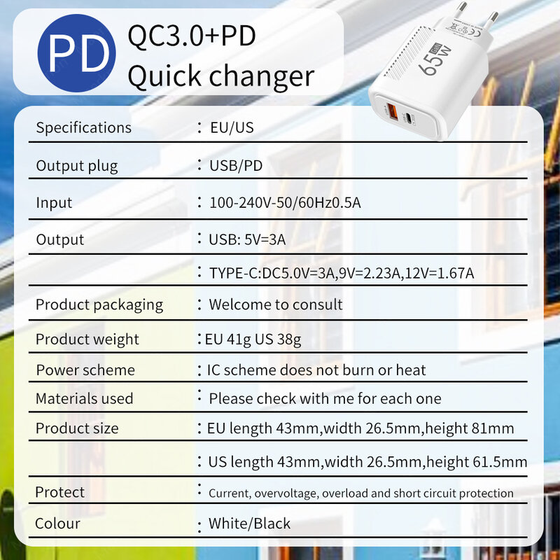 Carregador de Parede GaN-USB Tipo C, Carga Rápida, 65W, Adaptador para Telefone PD, iPhone 14, Xiaomi, Samsung, Huawei