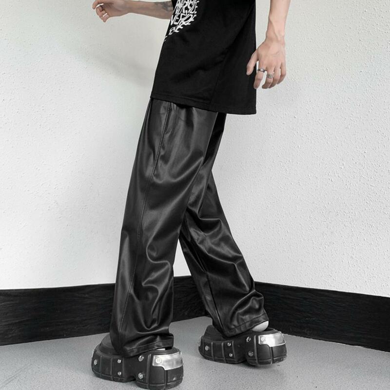Men's Spring and Autumn Straight Pants Simple Elastic Waist Mop Wide Leg Pu Leather Pants