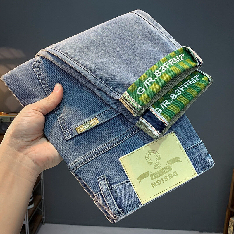 Jeansy męskie letnie nowe elastyczne hafty slim fit skinny casual na nadrukowana moda cienkie spodnie