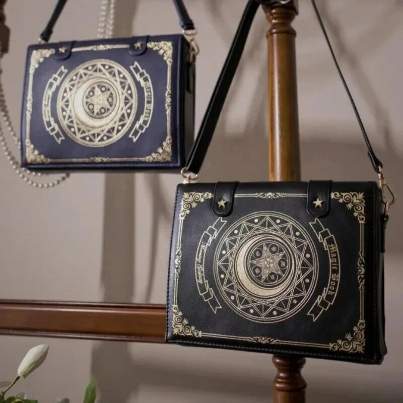 Lolita Moon Magic Book Bag para mulheres, bolsas de ombro duplas para estudantes, bolsas cruzadas diagonais para meninas, bolsa de couro, bolsa
