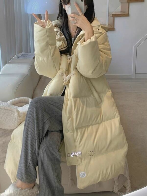 Chaqueta de plumón de manga larga para mujer, abrigo grueso y cálido con capucha y cuello de piel, ropa holgada, moda de invierno, 2024, R496
