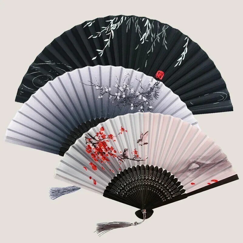 Chinesische Japanischer Silk Folding Fan Holz Schaft Klassische Tanz Fan Hohe Qualität Quaste Elegent Weibliche Fan Dekoration