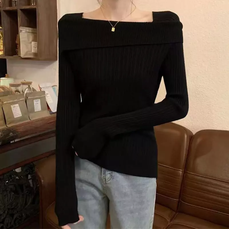 NMZM Autumn and Winter Women's Diagonal Neck Long Sleeve Slim Fit Knitted Pullover Off Shoulder Knitted Sweater Women's Office S