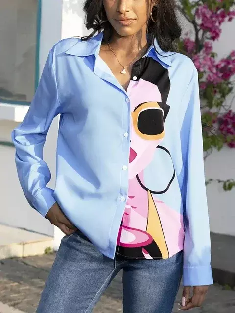 Blusa informal con botones para mujer, camisa de empalme con cara geométrica abstracta rosa, Cuello a la moda