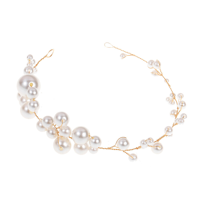 Bridal Handmade White Headband Banquet Pearls Headdress Simple Chain Hair Vine for Bridesmaid Wedding Party Balls