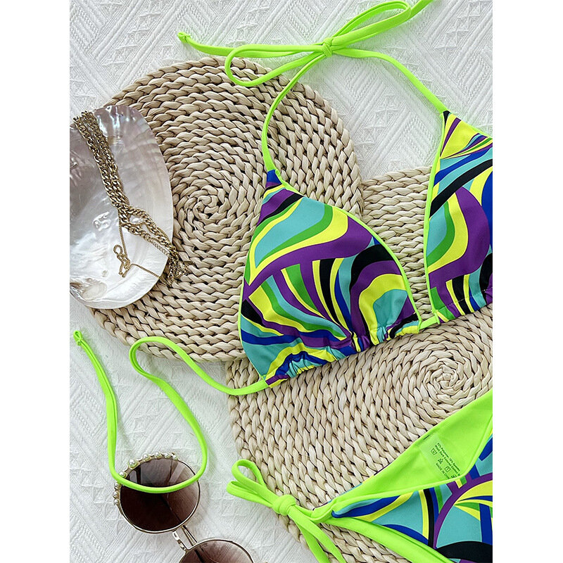 Bikini con Tanga verde neón para mujer, bañador Sexy de dos piezas, ropa de playa, trajes de baño, conjunto de Bikini brasileño para piscina 2024