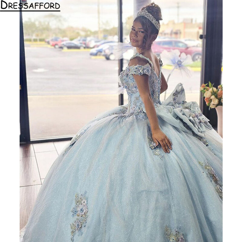 하늘색 퀸시네라 드레스, 사랑스러운 꽃무늬 볼 가운, 레이스 아플리케, 오프숄더 구슬 장식, 16, 15 원피스