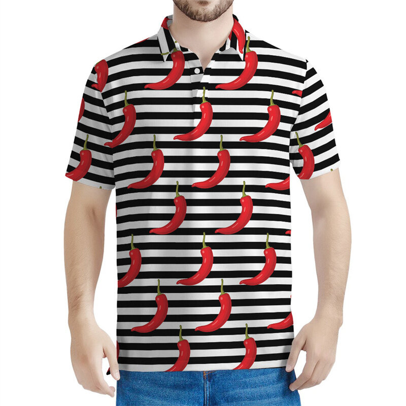 Polo graphique Peppers coloré pour hommes et femmes, t-shirt piment imprimé en 3D, t-shirts d'été décontractés à manches courtes