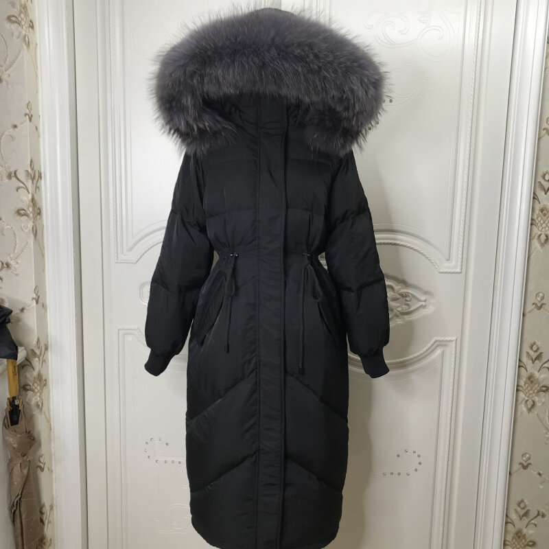Manteaux d'hiver russes longs à capuche épaisse pour femmes, vestes bouffantes à col en fourrure de renard, ceinture à cordon décontracté, vêtements d'extérieur
