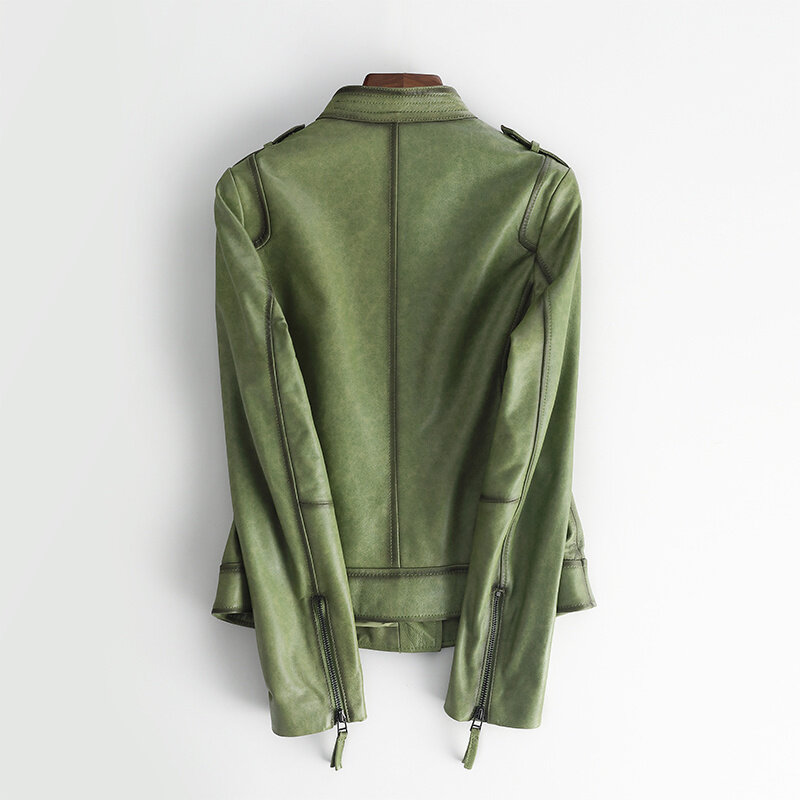 Jaqueta de couro genuíno para mulheres, jaqueta de pele de carneiro, jaqueta curta de motocicleta, verde, nova primavera, 2022