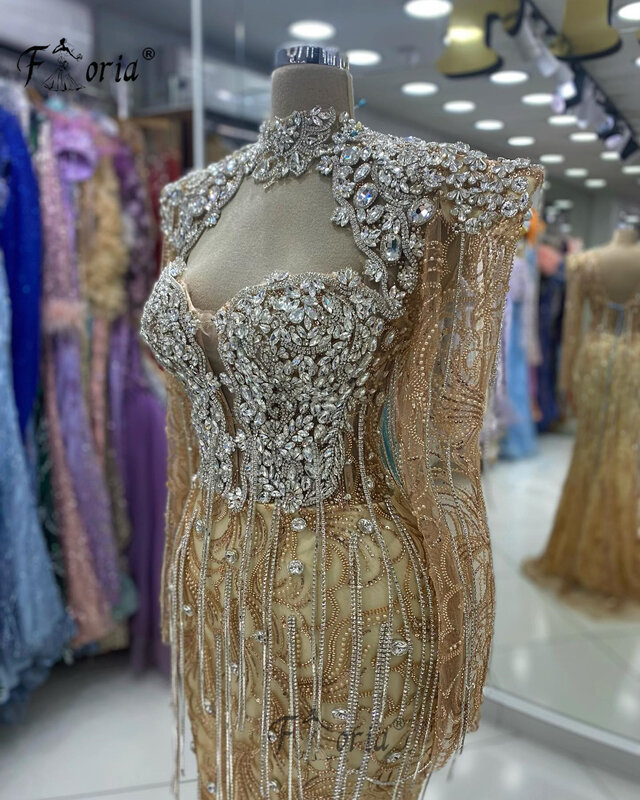 Luksusowy szampan dubajski z długim rękawem formalne suknie wieczorowe kryształowe frędzle syrenka suknie na przyjęcia weselne vestidos de noche bal nowy
