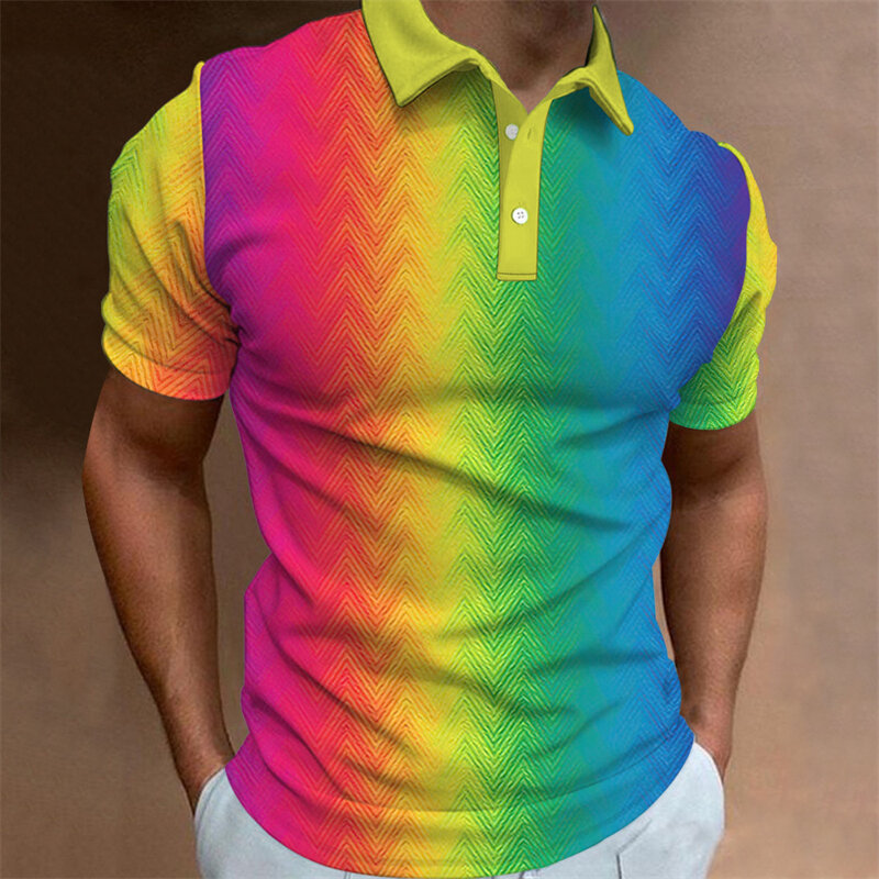 3D kolorowe Graffiti nadruk w paski koszulka Polo dla mężczyzn modna, z klapami koszule z krótkim rękawem Oversized Casual Golf bluzka koszule na guziki