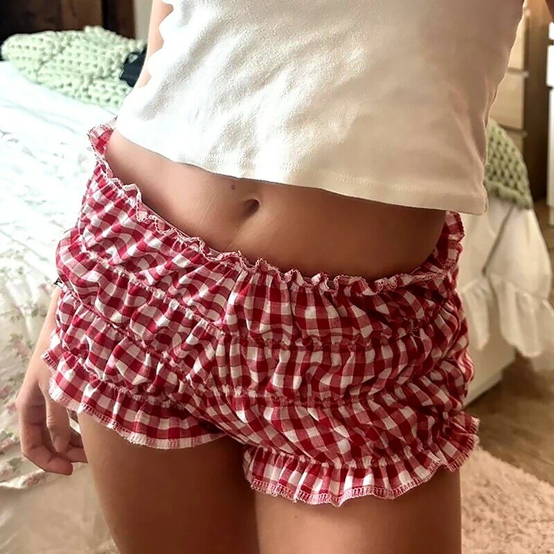 Celana pendek anak perempuan kotak-kotak merah gaya Jepang celana pendek kasual rumah musim panas pinggang elastis mode Retro 90s celana tidur pendek Ruffle