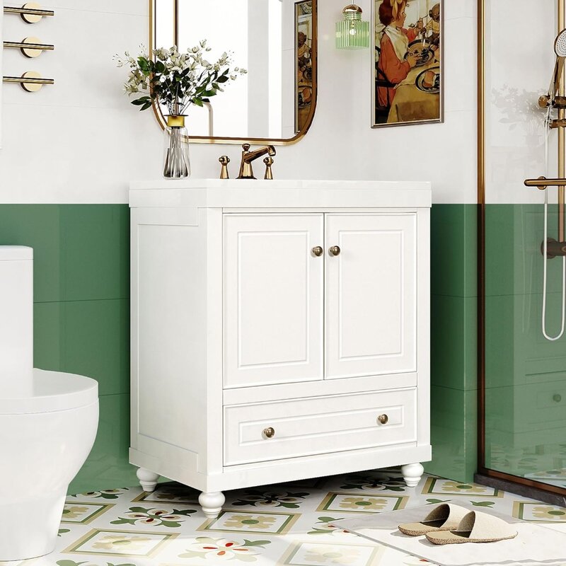 Putih 30 inci wastafel kamar mandi Set Vanity kaki kayu Solid keramik meja gaya antik penutup pintu lembut perlengkapan pengiriman gratis