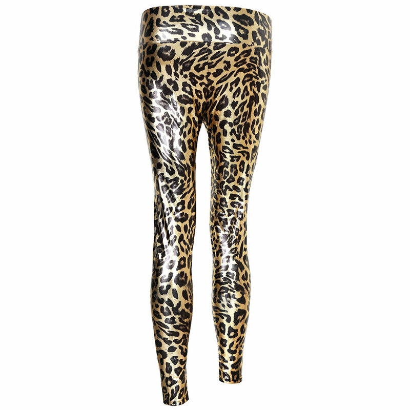 Leggings brilhantes femininos, leggings douradas de cintura média femininas, fino, leopardo, elástico no tornozelo, moda sexy club
