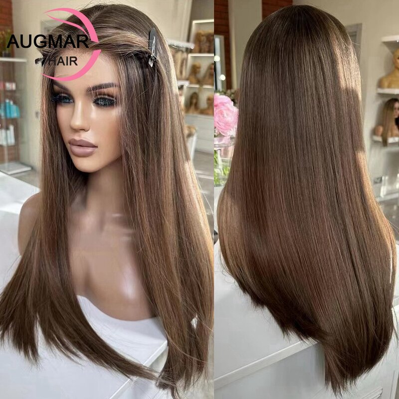 Glueless Chestnut Brown Lace Front Human Hair Wigs Highlight Straight HD Lace Frontal Wig 13x6 360 Lace Front Wig Human Hair