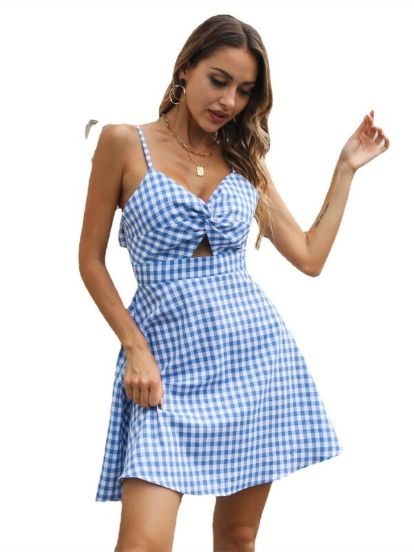 Mini vestidos estampados xadrez para mulheres, alça de espaguete, sexy sem costas, bowknot, vestido casual para férias na praia, vestido feminino elegante
