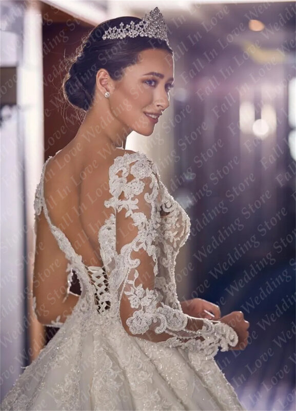 2024 Vintage A-Line Wedding Dresses Lace Applique Backless Long Sleeves V-Neck Bridal Ball Gown Back Lace-up Vestido De Novia
