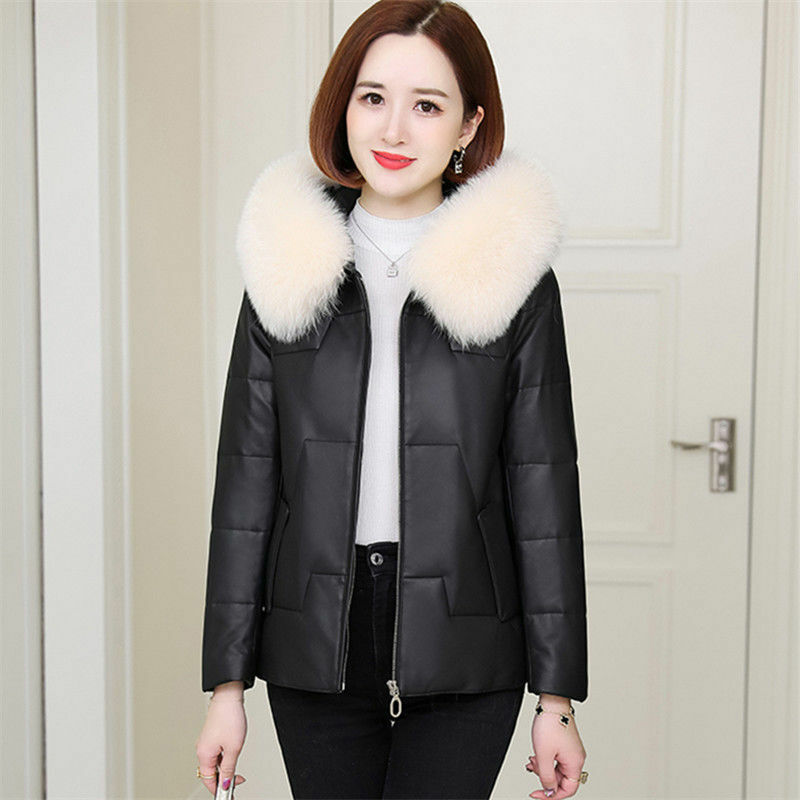 2023 inverno nuove donne breve giacca di pelle PU moda femminile con cappuccio imitazione collo di pelliccia parka addensare caldo piumino di cotone Outwear