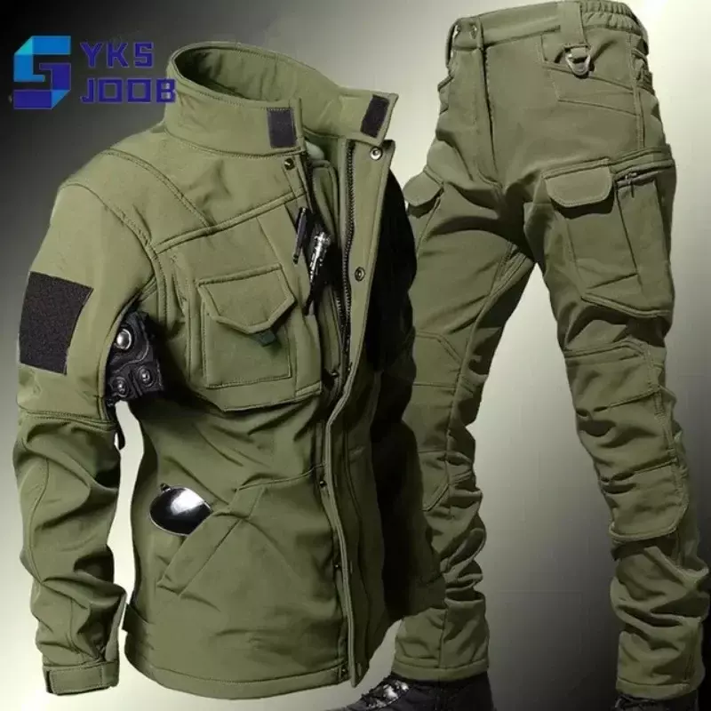 Outdoor Combat Suit Men Tactical Soft Shell Waterproof Windproof Fleece Warm Set Loose Jacket Wear-resistant Pant 2 Piece Winter