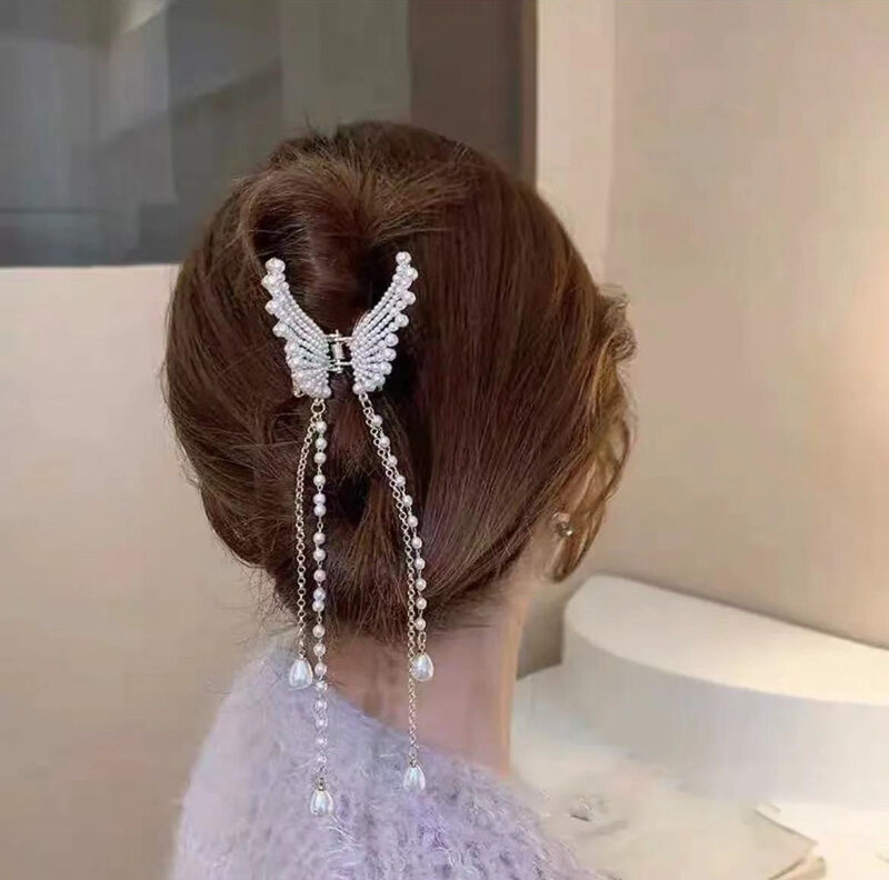 Заколки для волос с бабочкой женские, элегантные металлические геометрические зажимы с жемчугом и бахромой, аксессуары для волос, 2022