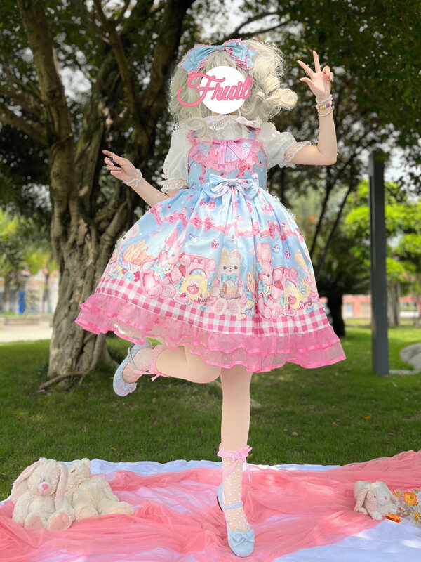 KIMOKOKM-vestido de princesa Lolita Kawaii, camisola sin mangas con estampado de conejo y lazo, cuello cuadrado, estilo JSK