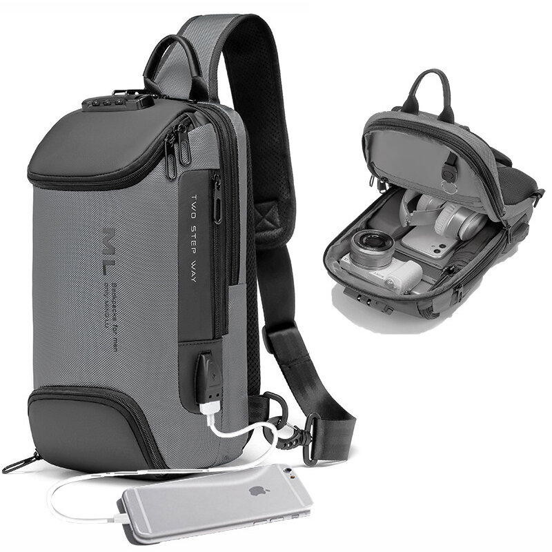 Bolso de hombro multifunción con bloqueo antirrobo para hombre, bandolera de viaje con carga USB, a la moda