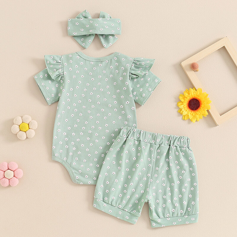 Vestiti della neonata vestito floreale estivo con volant manica corta pagliaccetto top pantaloncini fascia 3 pezzi Set
