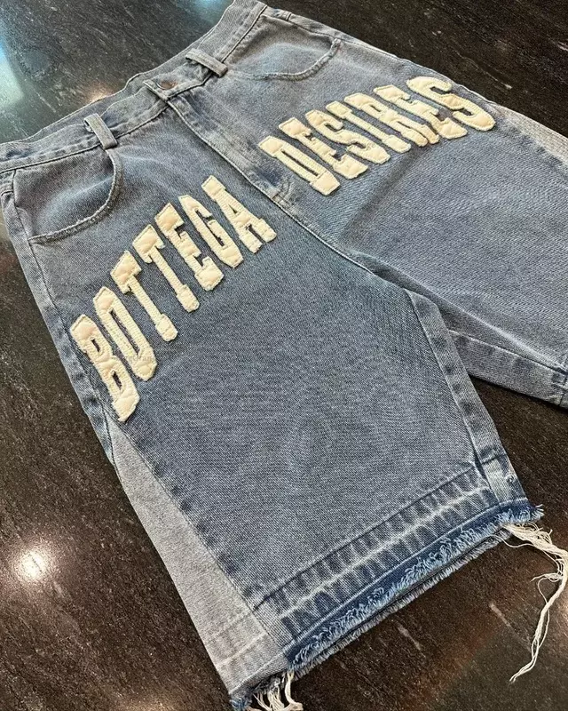 American Fashion Brand Clothing Embroidered Letter Denim Shorts Men Y2K High Street Retro Harajuku Jeans Loose Casual Pants