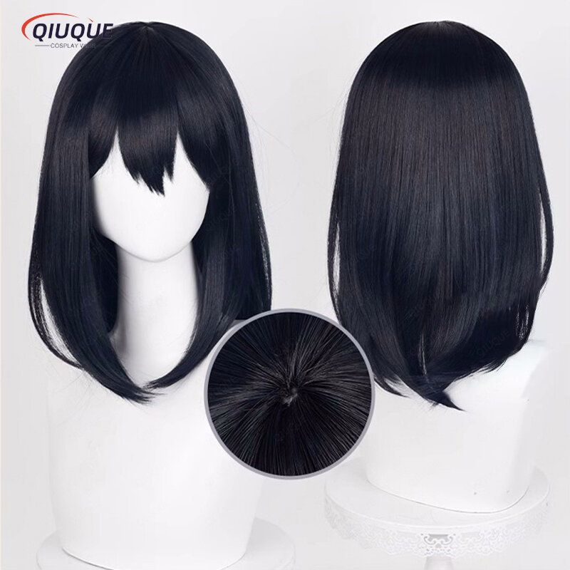 Parrucca Cosplay Shimizu Kiyoko di alta qualità 46cm nero blu resistente al calore parrucche sintetiche per capelli Anime + cappuccio per parrucca