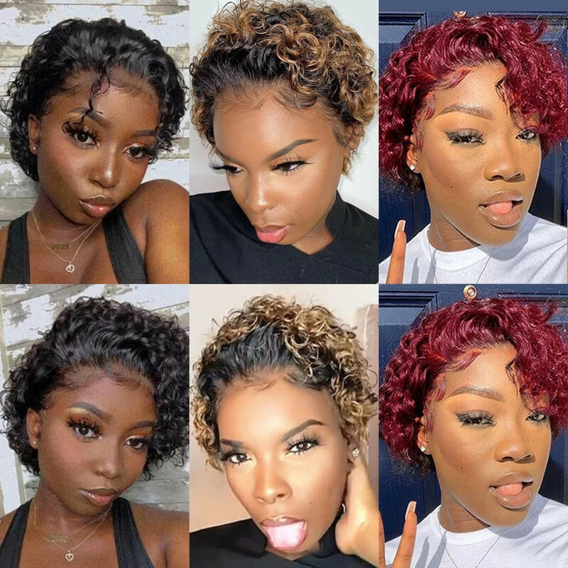 Pixie Cut Wig 99J Burgundy Water Deep Wave Lace Wig Afro Curly Short Bob Human Hair Wigs Natural Color Lace Front Wig For Women