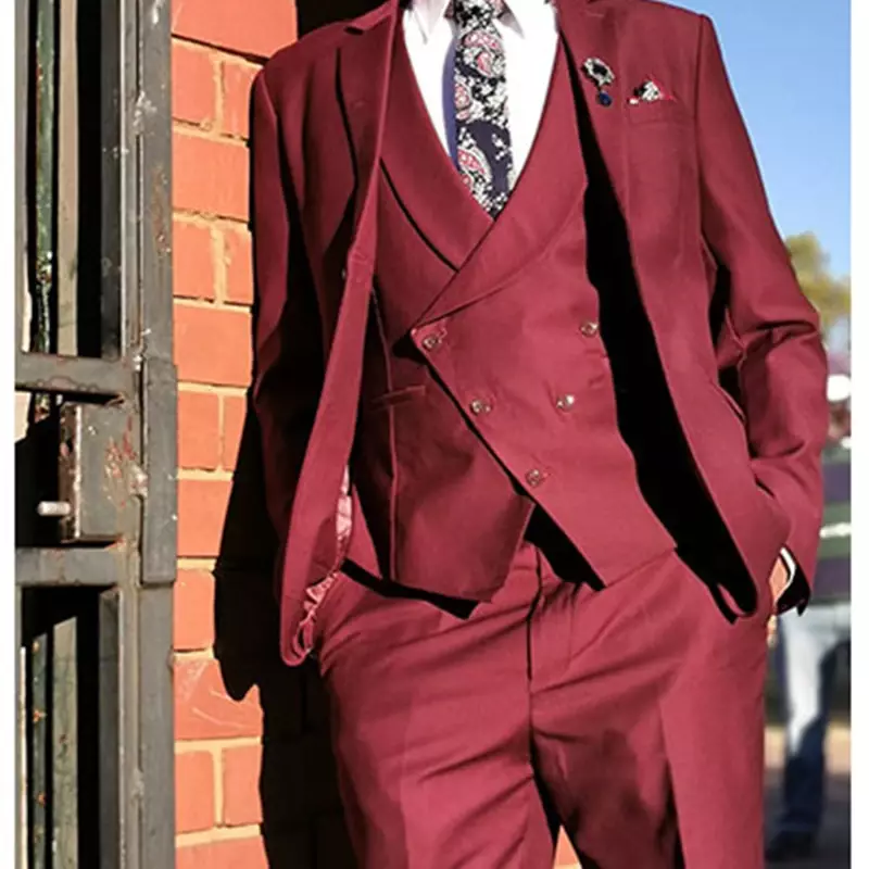 Ternos Elegantes Casuais Vermelhos Masculinos, Lapela Notch, Blazers Slim Fit, Jaqueta Personalizada, Colete, Traje de Calça, Alta Qualidade, Conjunto de 3 Peças