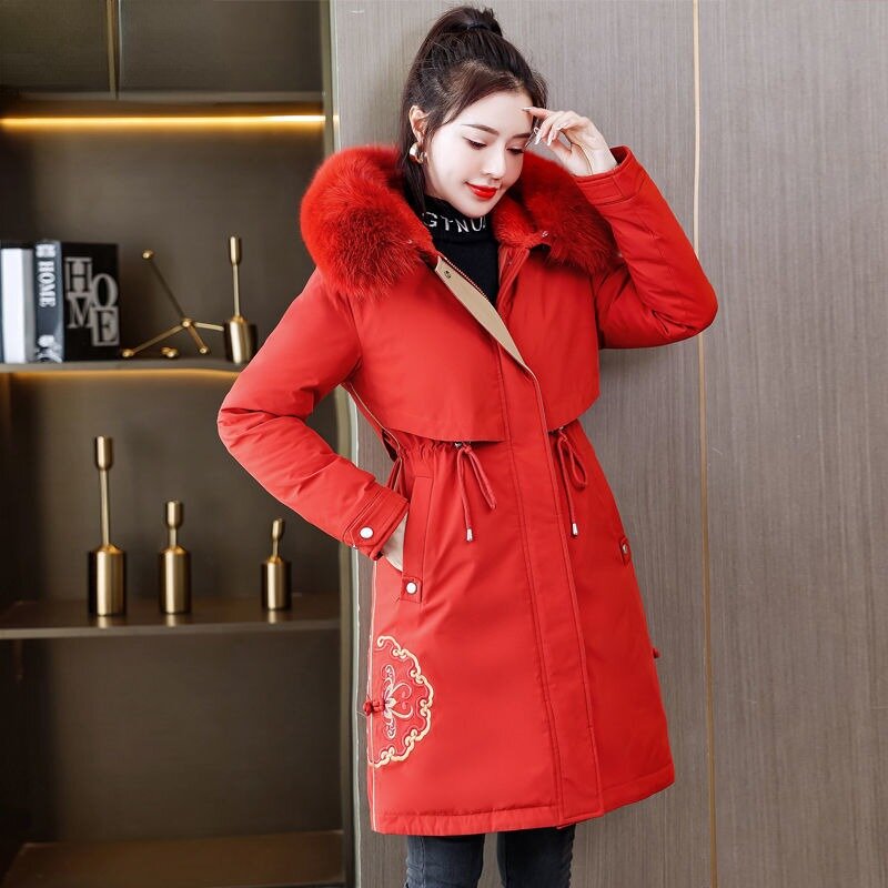 2023 New Winter Plush Thickened Style Coat Women's Mid Length Warm Cotton Jacket Large Wool Collar Over-Size Hooded Overcoat