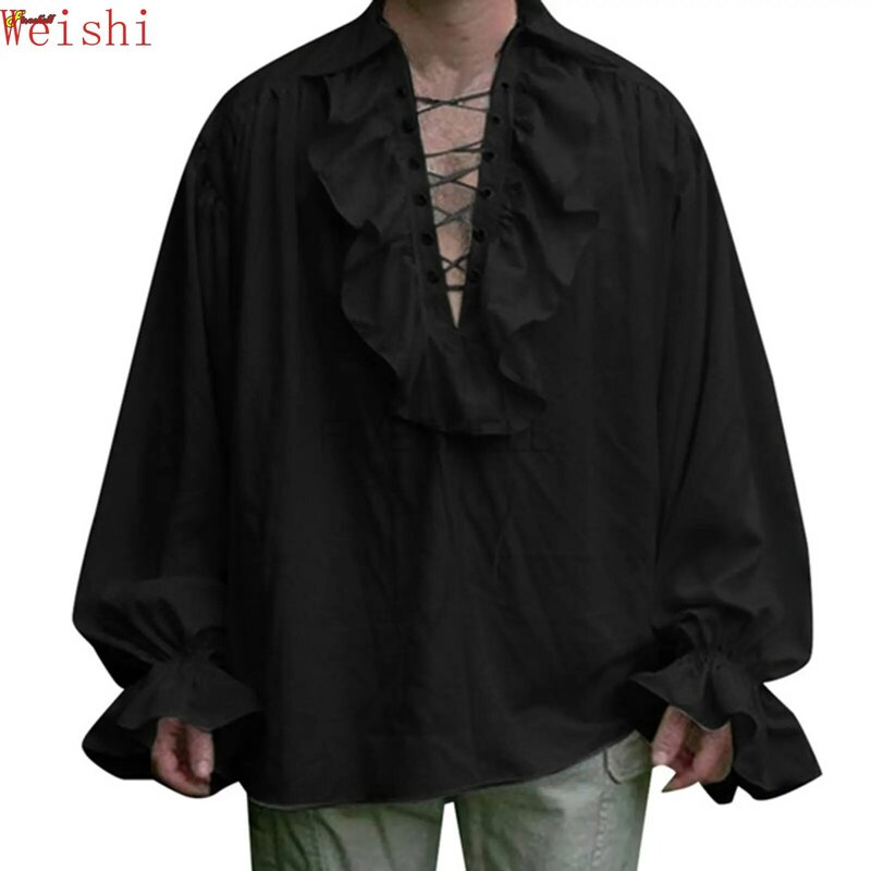 중세 남성 르네상스 의상, 긴 소매 프릴 셔츠, 레이스업 스팀펑크 해적 셔츠, 코스프레 무대 의상
