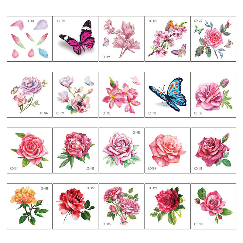 20 buah stiker tato bunga tahan air mode pribadi dan bunga estetika warna tato sementara stiker ukuran 60*60mm