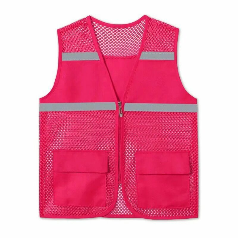 Rose Red Casual Fish Net Mesh Vest Reflective Strip Printed Waistcoat for Men and Women Comfortable Fit Rose Red