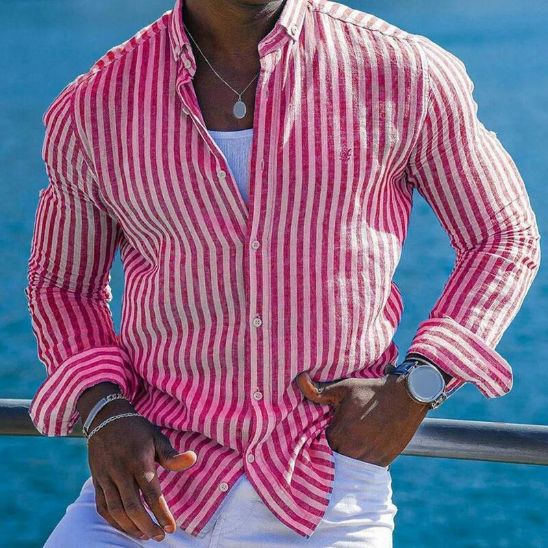 Camisa masculina slim fit estilo havaiano de lapela, mangas compridas, design de peito único para férias