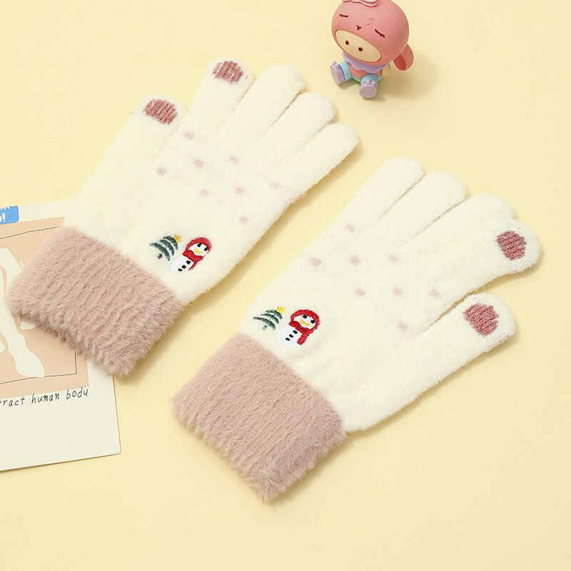 Soft Winter Warm Knitted Plush Girl Gloves Cute Snowman Embroidery Full Fingers Screen Touch Gloves Thick Furry Female Mittens