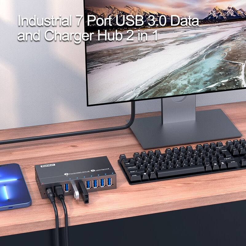 Sipolar A-173 جديد USB صغير 3.0 محور تصميم مع 36 واط 12V3A محول الطاقة الألومنيوم 7 ميناء USB شاحن ميناء المحور الأسود