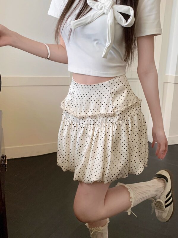 ADAgirl rok Mini motif polkadot, rok Mini model A-line pinggang tinggi, rok kuncup bunga Motif polkadot, pakaian musim panas untuk wanita
