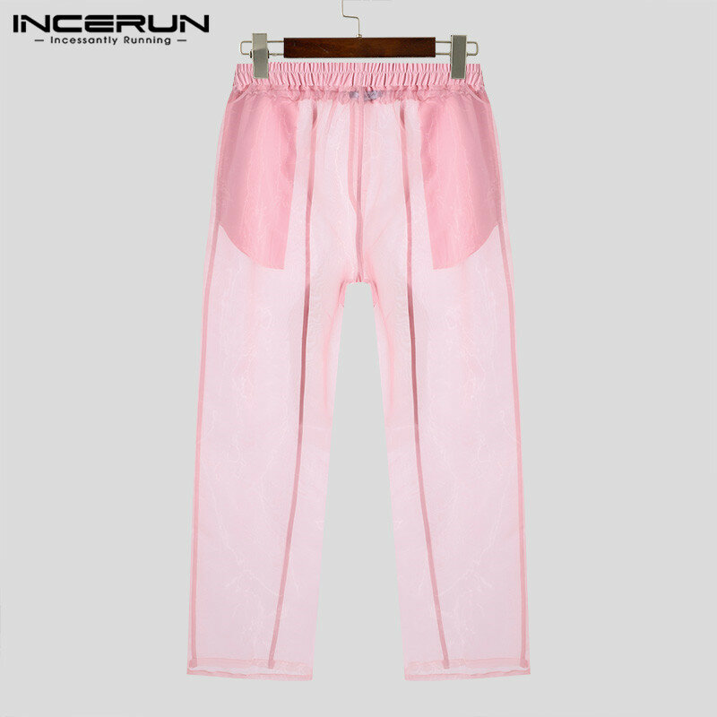 INCERUN-Pantalon en maille transparente pour homme, taille élastique, couleur unie, sexy, streetwear, mode décontractée, 2024