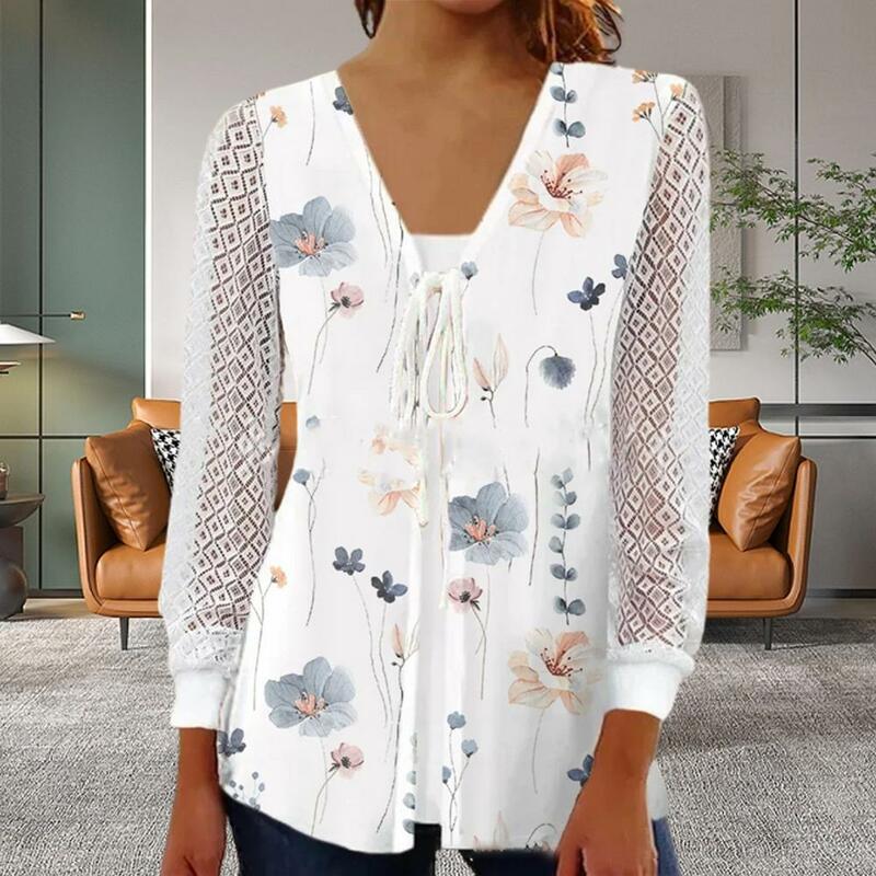 Women Fall T-shirt Hollow Out Long Sleeves V Neck Flower Print Soft Lace Up Lace Patchwork A-line Loose Cardigan