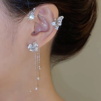Ouro e Prata Cor Metal Borboleta Ear Clips para Mulheres, Espumante Zircão Ear Cuff, Brincos sem Piercing, Jóias Casamento