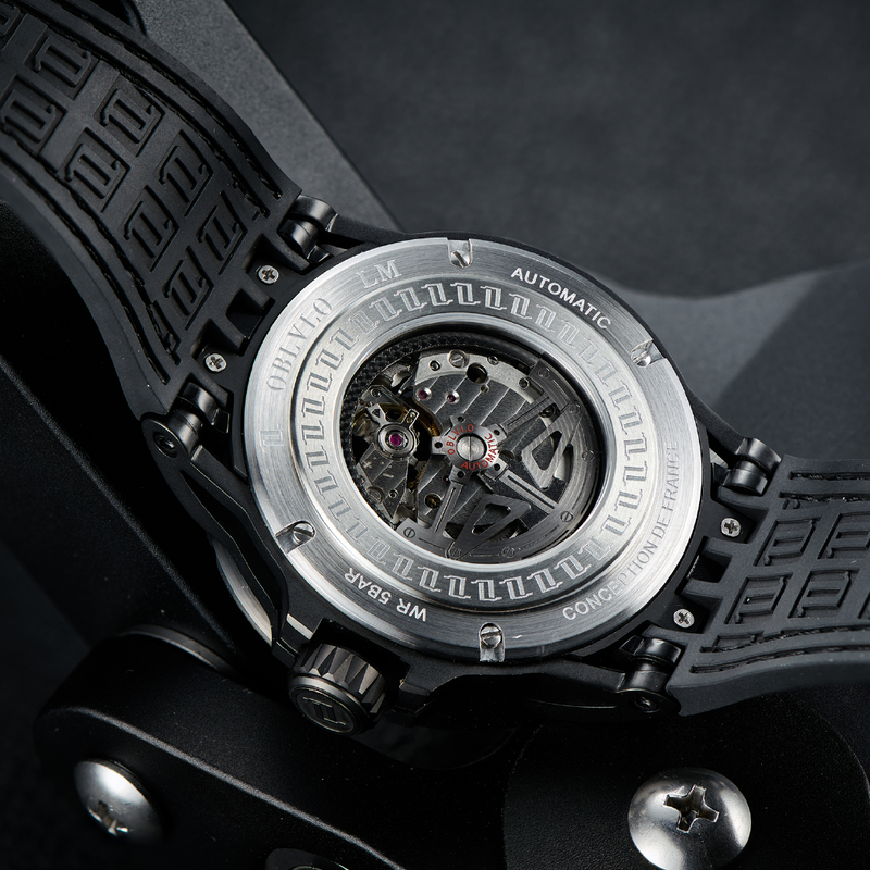 OBLVLO jam tangan mekanis otomatis untuk pria, arloji mekanis otomatis Skeleton olahraga warna hitam dengan tali karet safir tahan air LM