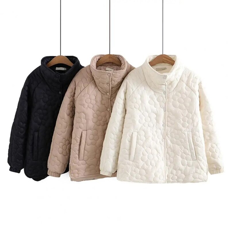 Women Winter Coat Windproof Cotton Winter Jacket with Stand Collar Flower Pattern Warm Thicken Overcoat for Women for Indoor
