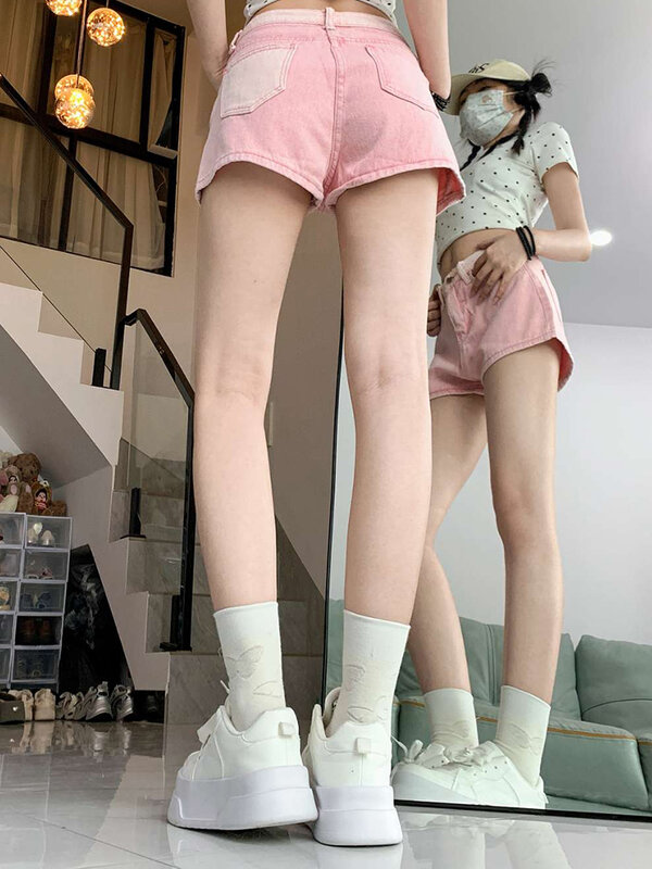 Женские летние милые джинсы в американском стиле, ярко-розовые облегающие брюки с высокой талией в стиле панк, Y2K, джинсы с широкими штанинами