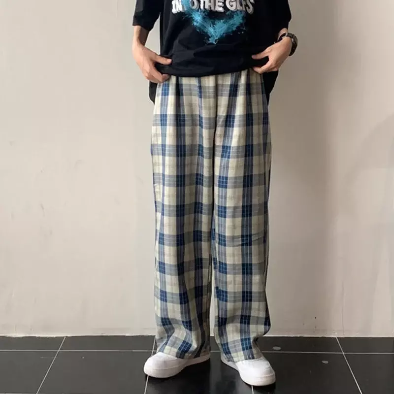 Pantalones a cuadros Vintage para mujer, pantalón informal holgado de cintura elástica, Harajuku, parte inferior de cintura alta, ropa de calle Y2k, Verano