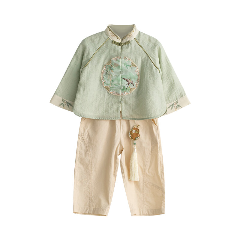 Conjunto de bordado estilo chinês do bebê, hanfu tradicional, roupa antiga do menino, primavera e outono