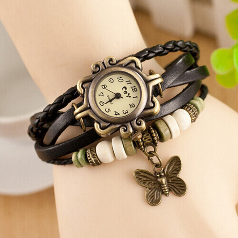 Relógio de pulso multicamadas de couro falso borboleta para mulheres, pulseira vintage casual, relógio feminino, quente, 2017