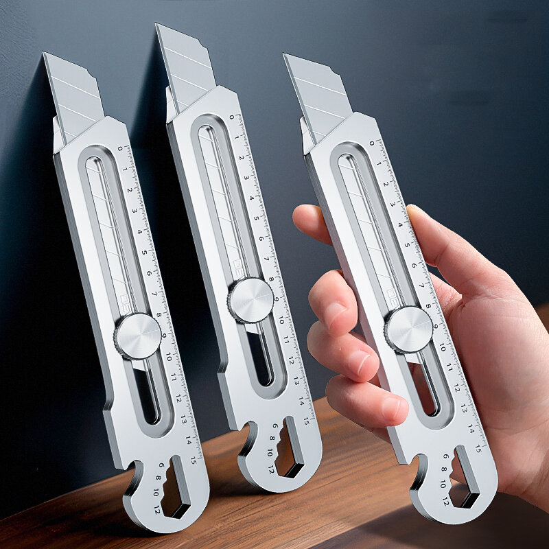 Couteau utilitaire de poche 6 en 1 en alliage d'aluminium, coupe-boîte multifonctionnel, lame de 18mm et 25mm, couteau pliant pour cartons